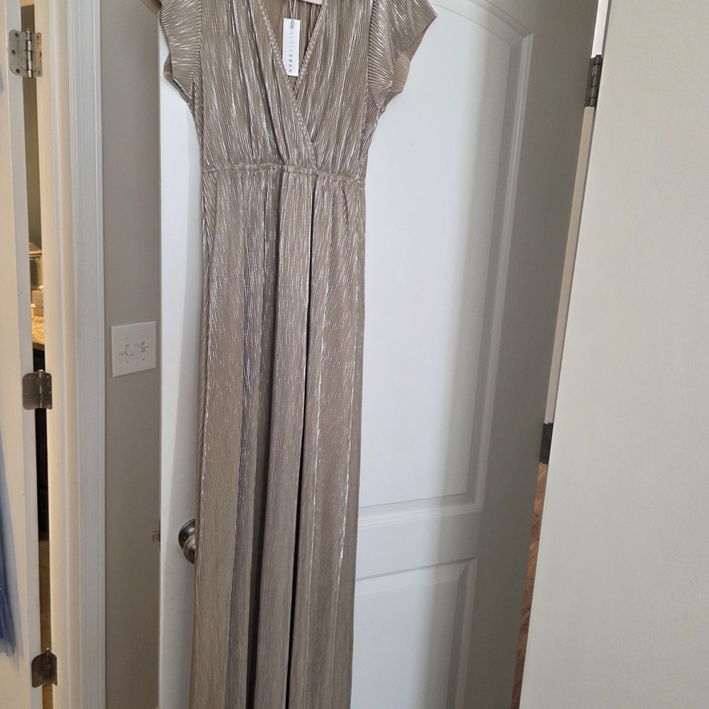Baltic Born Metallic Taupe Pleated Maxi Dress